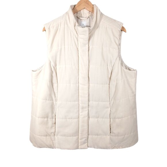 J. Jill, 2X Cream Colored Velvety Velour Puffer Vest, Zip & Snap Front, Pockets - Picture 1 of 14